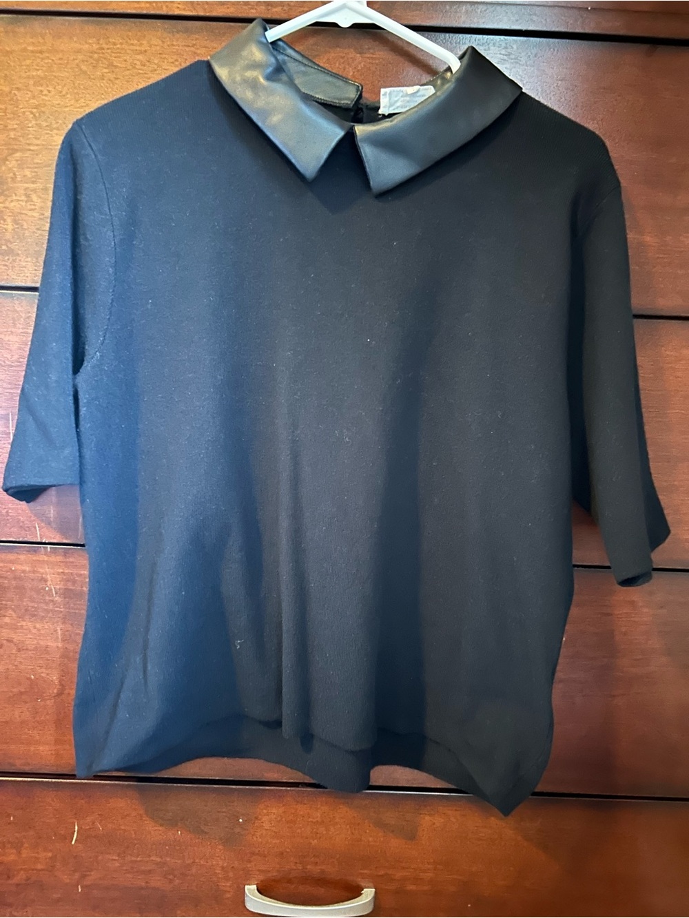Black Top with Faux Leather Peter Pan Collar